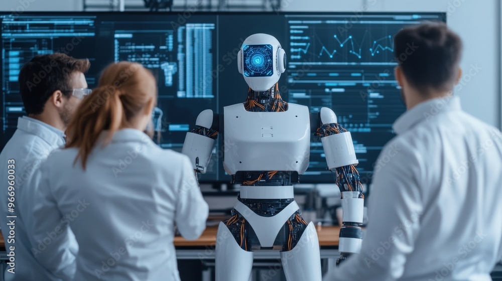 Poster scientists and robot in laboratory.