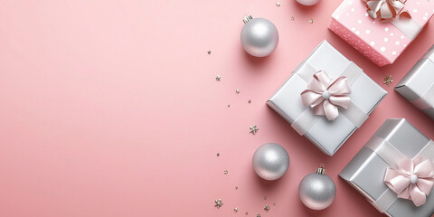 Fototapeta premium Beautifully wrapped gifts in shades of pink and silver, adorned with elegant ribbon bows and surrounded by shiny Christmas ornaments, create a festive and sophisticated display.