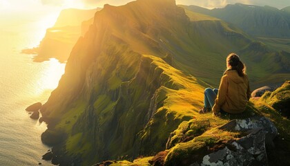 Obraz premium Chasing Sunrise: A Woman's Adventure on the Mountain Top