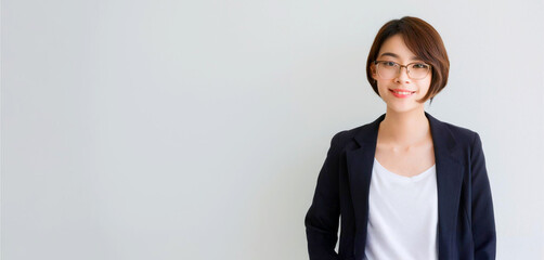 A portrait of an Asian female businessperson with short hair, wearing glasses and a jacket.