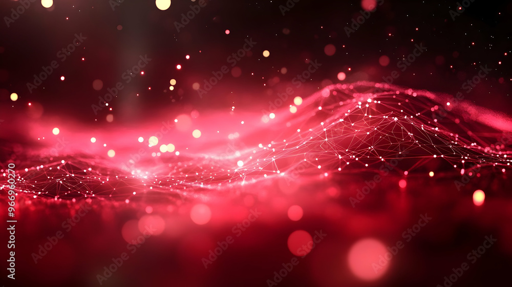 Poster abstract representation of waves with glowing particles in red tones.