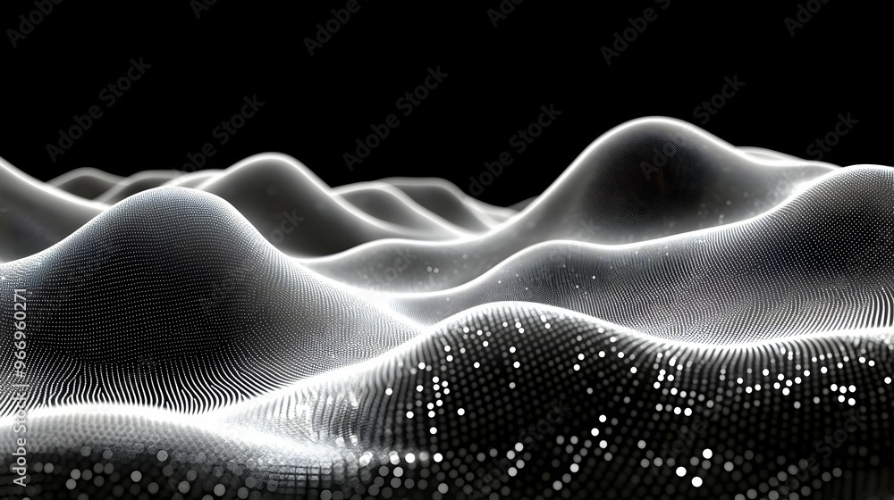 Poster abstract representation of waves with glowing particles on a dark background.