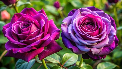 Two sumptuous hybrid tea roses bloom magnificently, one a deep, rich purple and one a captivating combination of