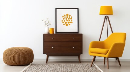 Modern Living Room Interior Design with Yellow Accent Chair  Wooden Chest of Drawers and Floor Lamp