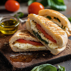 Two halves of a grilled panini sandwich filled with fresh basil leaves, slice tomatoes, and melted mozzarella cheese, styled on a wooden board with olive oil in background for tasty meal.