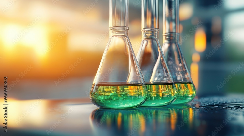 Aufkleber green liquid in erlenmeyer flasks on a table.