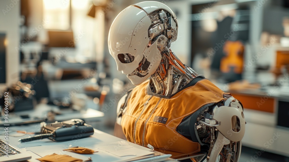 Poster Futuristic Robot Working on a Project.