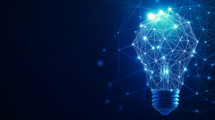 Minimalistic abstract image of a blue light bulb created from a network of glowing blue nodes and lines, conveying advanced ideas, technology, and connectivity.