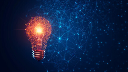 Abstract image of a light bulb formed by a glowing network of interconnected nodes, representing innovative ideas, technology, and modern advancements in a digital world.