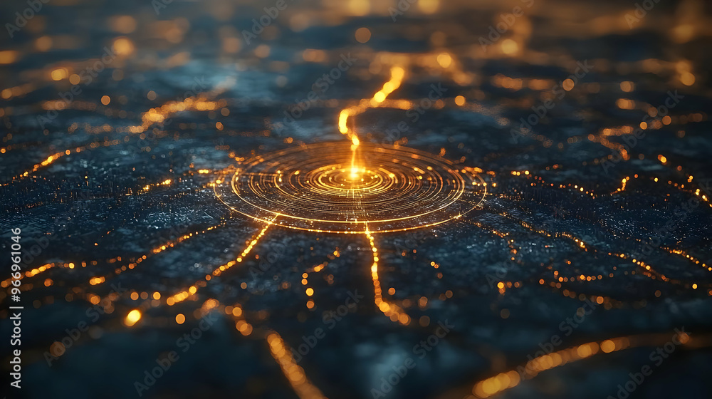 Poster aerial view of a glowing circular pattern with radiating lines, resembling a digital landscape.