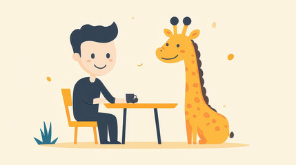 Obraz premium A jovial man and a tall giraffe share laughs at a whimsical table in a colorful, textured Claymation world.