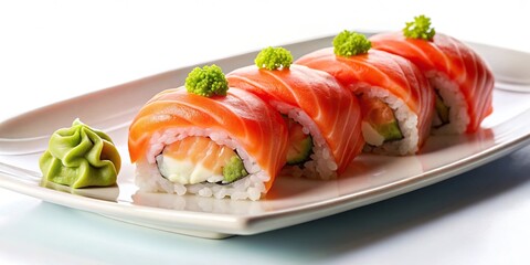 Sushi with red fish, pickled ginger, wasabi on white plate