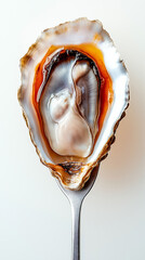 close-up of a fresh oyster elegantly presented on a spoon, highlighting its delicate texture and natural colors..