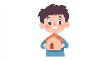 A child joyfully holds a wooden house, showcasing imaginative play with a whimsical touch against a clean backdrop.