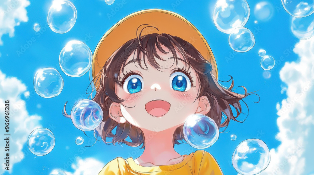 Sticker a charming anime girl with sparkling eyes and a playful smile, ready to embark on her next adventure