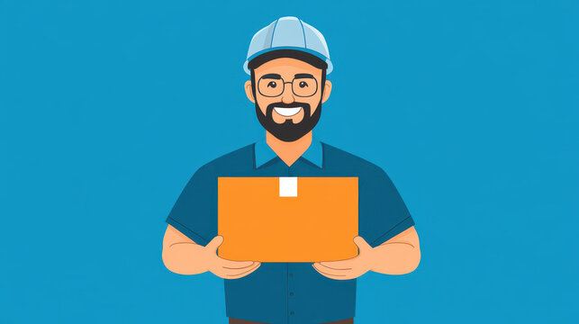 A cheerful postman happily delivers a parcel, showcasing warmth and dedication against a simple backdrop.