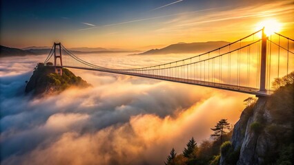 Obraz premium Suspension bridge over foggy canyon at sunrise