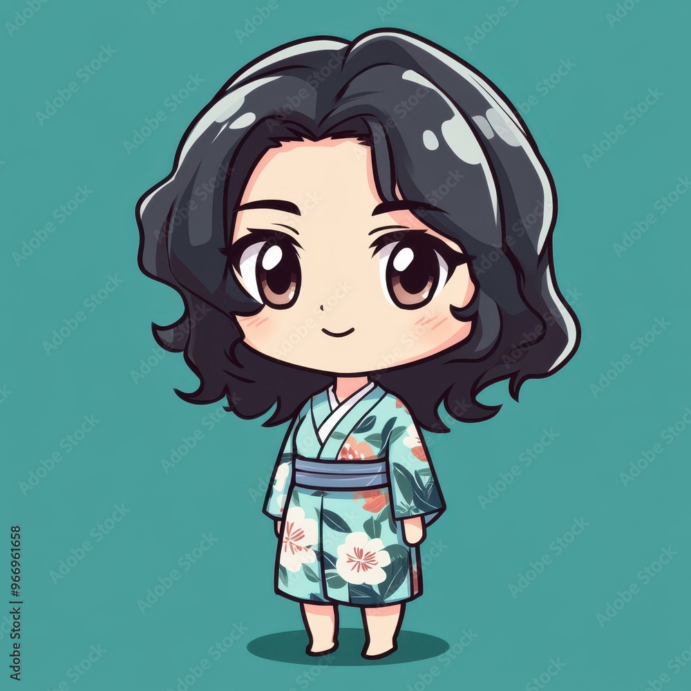 Canvas Prints a chibi girl in a yukata with a simple design, showcasing flat colors and basic shapes against a min