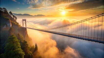 Obraz premium Suspension bridge spanning foggy canyon at sunrise, medium shot