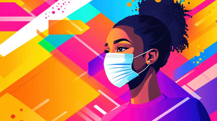A vibrant illustration of a woman in a face mask, showcasing care and caution during the pandemic on a clean backdrop.