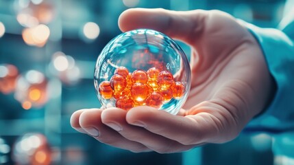 Hand Holding Glass Sphere with Red Spheres Inside.