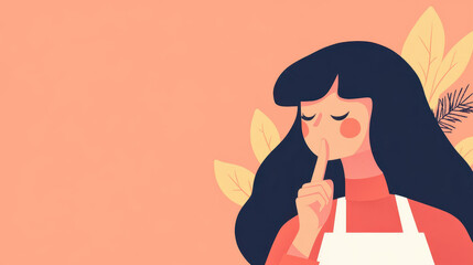 A woman in an apron softly touches her lips, exuding a calm, serene vibe against a simple, clean backdrop.