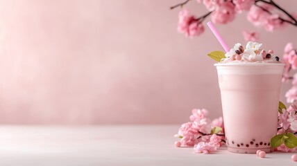 Naklejka premium Detailed close-up of bubble tea on light rose backdrop, with creamy texture and vibrant pearls offering a romantic and elegant visual experience.