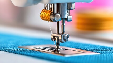 Precision in Sewing - Close-up of Sewing Machine Needle and Presser Foot Creating Stitches on Fabric