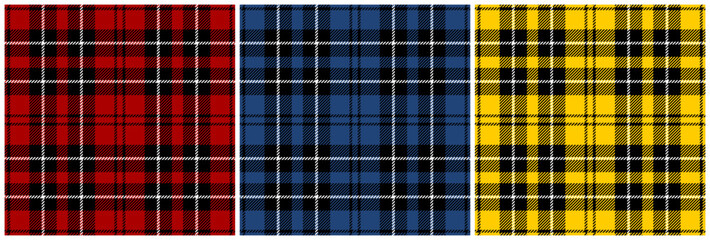 Red, dark navy blue and yellow tartan plaid pattern set. Vector seamless check pattern for plaid fabric, flannel shirt, blanket, clothes, skirt, tablecloth, textile.