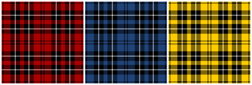Red, dark navy blue and yellow tartan plaid pattern set. Vector seamless check pattern for plaid fabric, flannel shirt, blanket, clothes, skirt, tablecloth, textile.