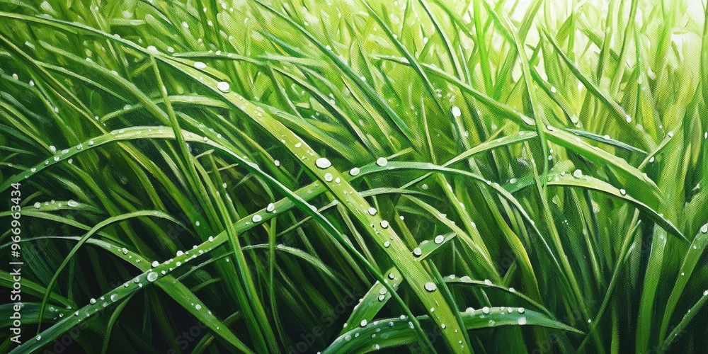 Wall mural Oil painting of herbaceous background featuring lush green couch grass close up fresh young grass with water droplets and morning dew creating a vibrant spring herbal texture