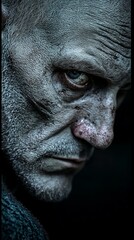 Obraz premium Close Up Portrait of a Man with Wrinkles Scars and a Serious Expression