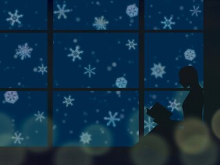 雪の降る寒い夜、窓辺で読書する女性のイラスト。冬の静かで美しい夜の画像。