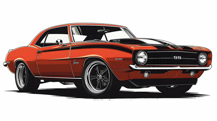 Fototapeta premium Classic muscle car in vibrant orange with black stripes, showcasing retro automotive design.