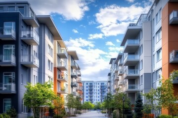 Fototapeta premium Daytime view of low-rise modern apartment complexes featuring innovative architectural designs in the city.