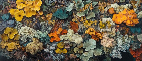 Oil painting depicting a diverse collection of lichens