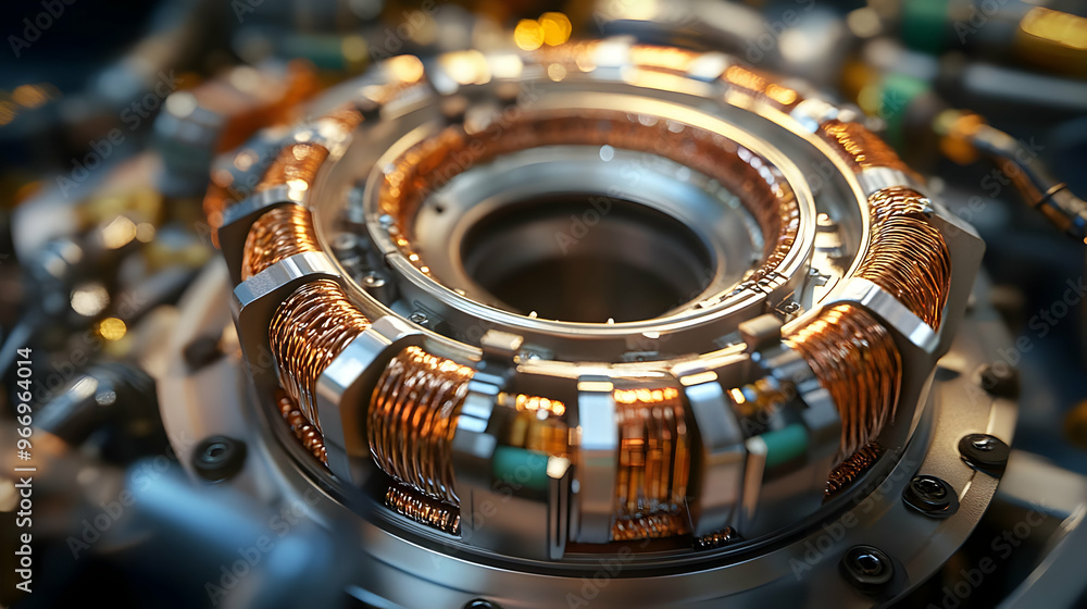 Poster close-up of a complex mechanical component with copper wiring and metallic structure.