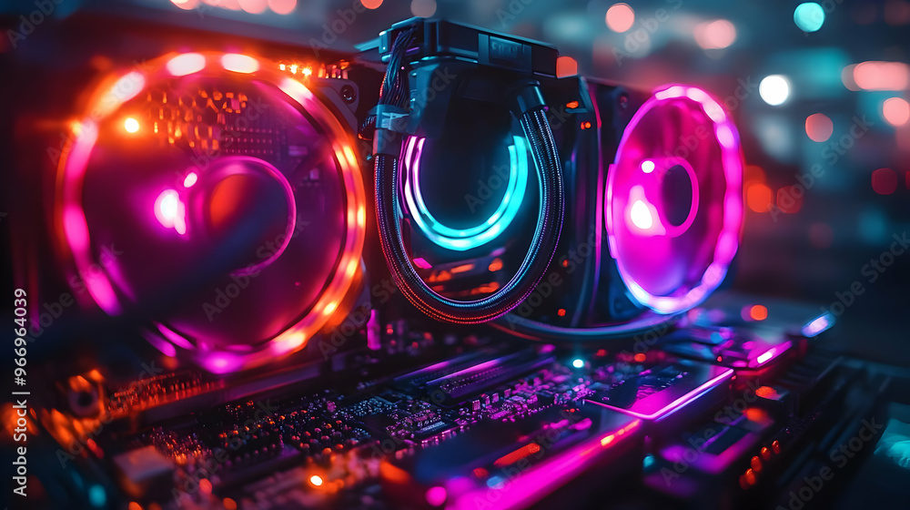 Poster close-up of a computer cooling system with vibrant led lights on a circuit board.