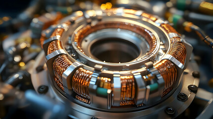 Fototapeta premium Close-up of a complex mechanical component with copper wiring and metallic structure.