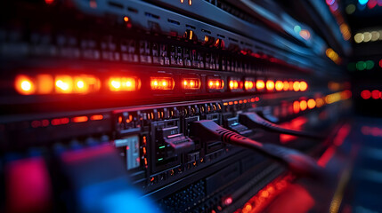 Fototapeta premium Close-up of a server rack with illuminated indicators and connected cables.
