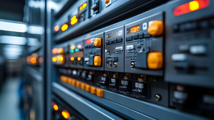 Fototapeta premium Close-up of electronic equipment with buttons and lights, likely used for data processing.