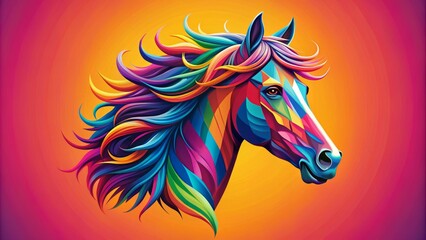 Vibrant orange horse head silhouette majestically galloping on a bright blue background, with bold white accents and