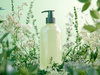 bottle of perfume with flowers, Sample of shampoo bottles in the middle of nature