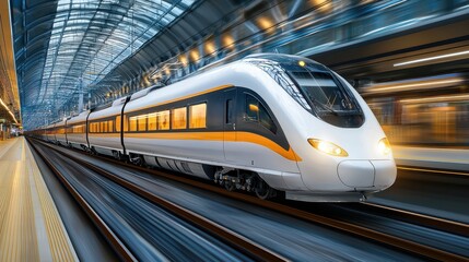 Naklejka premium Modern High Speed Train Departing Station with Motion Blur