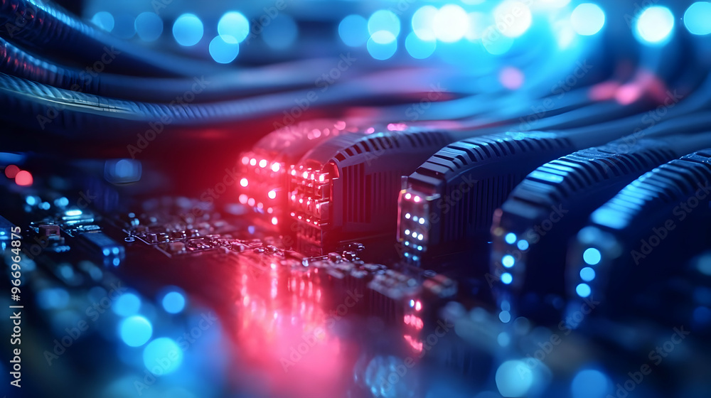 Poster close-up of network cables and circuit board with illuminated indicators.