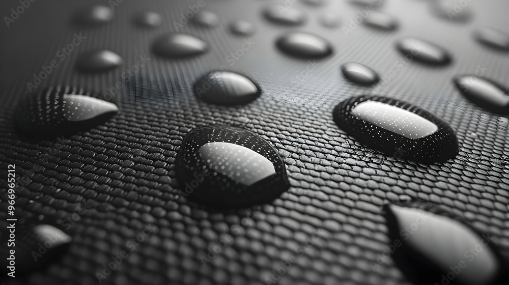 Poster close-up of water droplets on a textured surface, showcasing reflections and patterns.