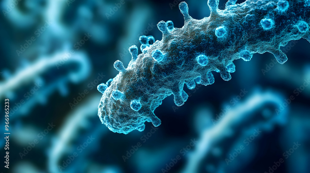 Poster close-up view of a bacterium, showcasing its structure and surface features.