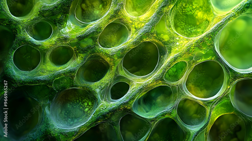 Poster close-up view of a textured, green organic structure with various holes and patterns.