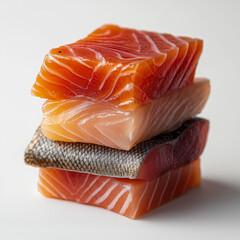 stack of various fresh fish fillets, including salmon, tuna, and white fish, showcasing rich textures and vibrant colors..