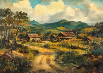 Obraz premium Oil painting depicting a rural community and its surroundings